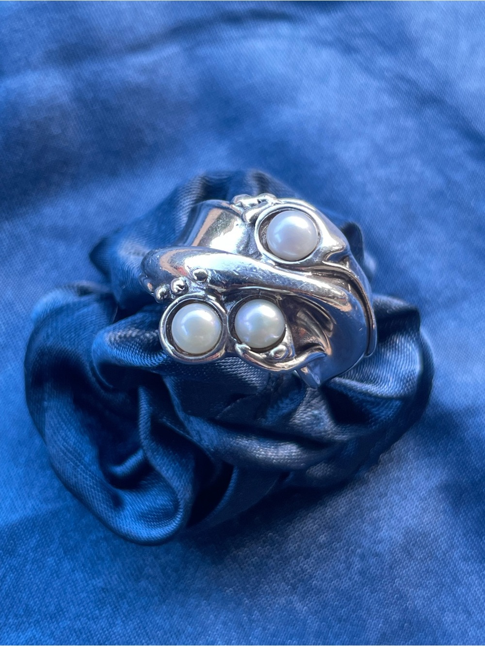 925 Sterling Silver Three Freshwater Pearl Bypass Ring Size 7.5